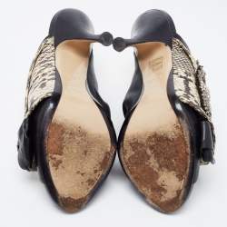 Pre Owned N21 Black/Beige Python  Leather and Leather Crystal Embellished Knot Mule Sandals Size 38.5