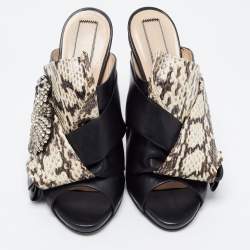 Pre Owned N21 Black/Beige Python  Leather and Leather Crystal Embellished Knot Mule Sandals Size 38.5