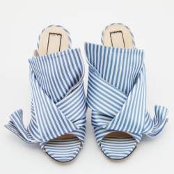 Nº21 Blue/White Stripe Satin and Leather Raso Knot Peep Toe Mules Size 36