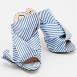 Nº21 Blue/White Stripe Satin and Leather Raso Knot Peep Toe Mules Size 36