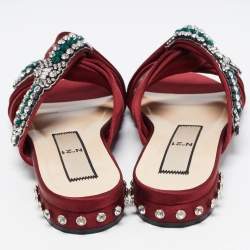 Pre Owned N21 Burgundy Satin Embellsihed Knotted Flat Slides Size 39