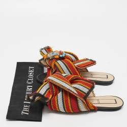 Nº21 Multicolor Embroidered Fabric Knot Flat Slides Size 39