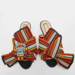 Nº21 Multicolor Embroidered Fabric Knot Flat Slides Size 39