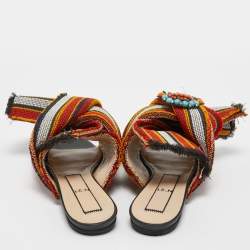 Nº21 Multicolor Embroidered Fabric Knot Flat Slides Size 39