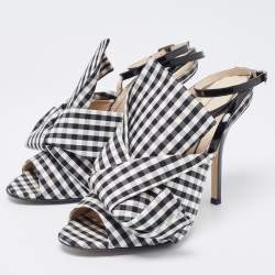 N21 Black/White Fabric Gingham Ankle Wrap Peep Toe Sandals Size 38.5