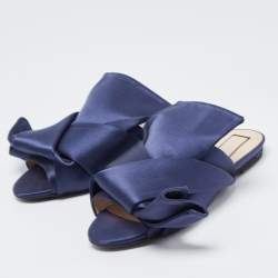 Pre Owned N21  Navy Blue Satin Knot Flat Slides Size 36