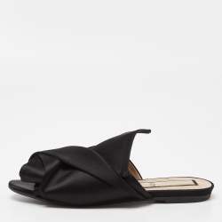 Nº21 Black Satin Raso Knot Peep Toe Flat Mules Size 38