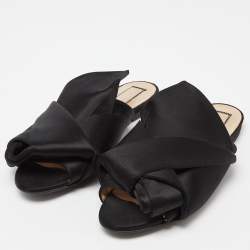 Nº21 Black Satin Raso Knot Peep Toe Flat Mules Size 38