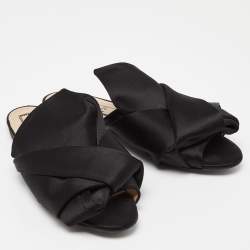 Nº21 Black Satin Raso Knot Peep Toe Flat Mules Size 38