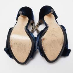  N°21 Navy Blue Velvet Crystal Embellished Ankle Strap Sandals Size 36