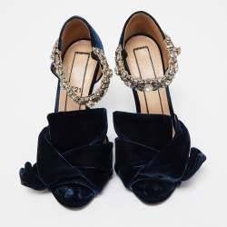  N°21 Navy Blue Velvet Crystal Embellished Ankle Strap Sandals Size 36