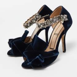  N°21 Navy Blue Velvet Crystal Embellished Ankle Strap Sandals Size 36