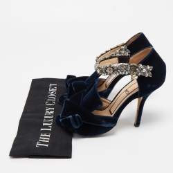  N°21 Navy Blue Velvet Crystal Embellished Ankle Strap Sandals Size 36