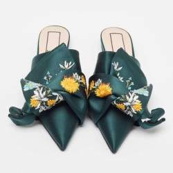 N21 Green Satin Floral Embroidered Knot Flat Slides Size 36