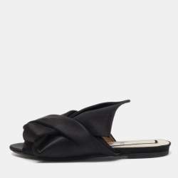 Pre Owned N21 Black Satin Raso Knot Peep Toe Flat Slides Size 39