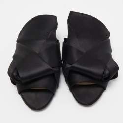 Pre Owned N21 Black Satin Raso Knot Peep Toe Flat Slides Size 39