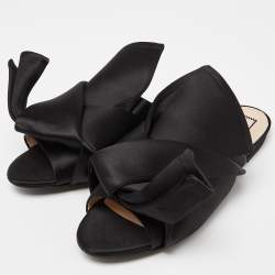 Pre Owned Nº21 Black Satin Raso Knot Flat Mules Size 38.5