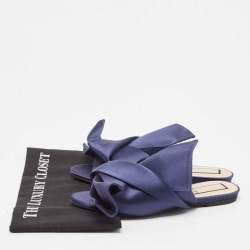 Pre Owned N21 Dark Blue Satin Knot Flat Mules Size 39