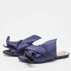 Pre Owned N21 Dark Blue Satin Knot Flat Mules Size 39