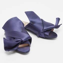 Pre Owned N21 Dark Blue Satin Knot Flat Mules Size 39