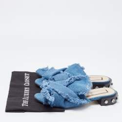 Pre Owned N21 Blue Denim Crystal Embellished Knotted Flat Sandals Size 40