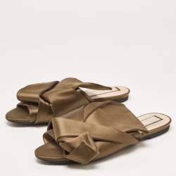Pre Owned N21 Olive Green Satin Raso Knot Flat Slides Size 39
