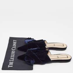 Pre Owned N21 Navy Blue Velvet Knotted Flat Mules Size 39