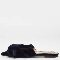 Pre Owned N21 Navy Blue Velvet Knotted Flat Mules Size 39