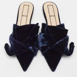 Pre Owned N21 Navy Blue Velvet Knotted Flat Mules Size 39