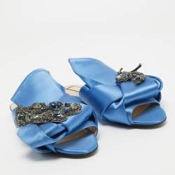 Nº21 Knotted Blue Satin Crystal Embellished Flat Slides Size 37