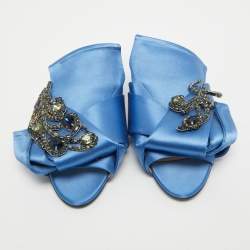 Nº21 Knotted Blue Satin Crystal Embellished Flat Slides Size 37