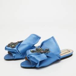 Nº21 Knotted Blue Satin Crystal Embellished Flat Slides Size 37