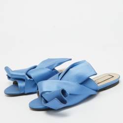 Pre Owned N21 Blue Knotted Satin Flat Slides Size 39