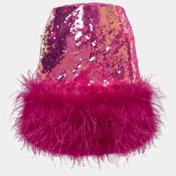 Pre Owned Nadine Merabi Pink Sequin Feather Detail Roxy Mini Skirt S