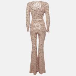 Nadine Merabi Pink Sequin and Beads Embroidered Tulle Eliza Jumpsuit S