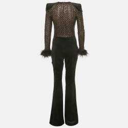 مملوكة مسبقًا جمبسوت نادين مرعبي محبوك أسود بنقشة مزين بالترتر والمخمل بتفاصيل من الريش مقاس وسط - ميديم