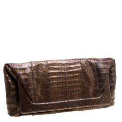 Nancy Gonzalez Metallic Brown Crocodile Frame Foldover Clutch
