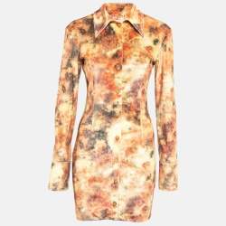Nanushka Orange Abstract Floral Print Stretch Velvet Mini Dress S