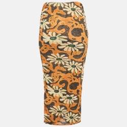 Nanushka Orange Arte Povera Floral Print Mesh Jersey Midi Skirt S