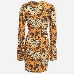 Pre Owned Nanushka Orange Floral Print Crepe Cut-Out Mini Wrap Dress S