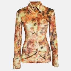 Nanushka Orange Hazy Floral Print Stretch Velvet Shirt XS