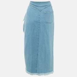 Pre Owned Nanushka Blue Washed Denim Frayed Opal Wrap Midi Skirt L