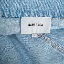 Nanushka Blue Light Wash Denim Frayed Hem Belted Goji Dress L