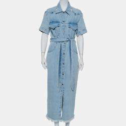 Nanushka Blue Light Wash Denim Frayed Hem Belted Goji Dress L