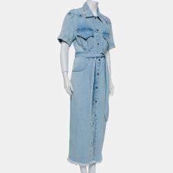 Nanushka Blue Light Wash Denim Frayed Hem Belted Goji Dress L
