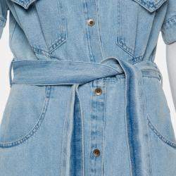 Nanushka Blue Light Wash Denim Frayed Hem Belted Goji Dress L