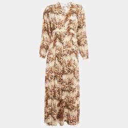 Nanushka Brown Animal Print Cotton V-Neck Maxi Dress L
