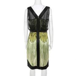 Narciso Rodriguez Green Satin and Black Mesh Overlay Sleeveless Dress M 