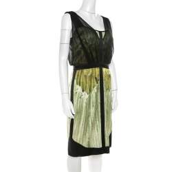 Narciso Rodriguez Green Satin and Black Mesh Overlay Sleeveless Dress M 
