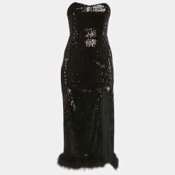 Pre Owned NBD Black Sequin Strapless Feather Trim Kalindi Midi Dress XS